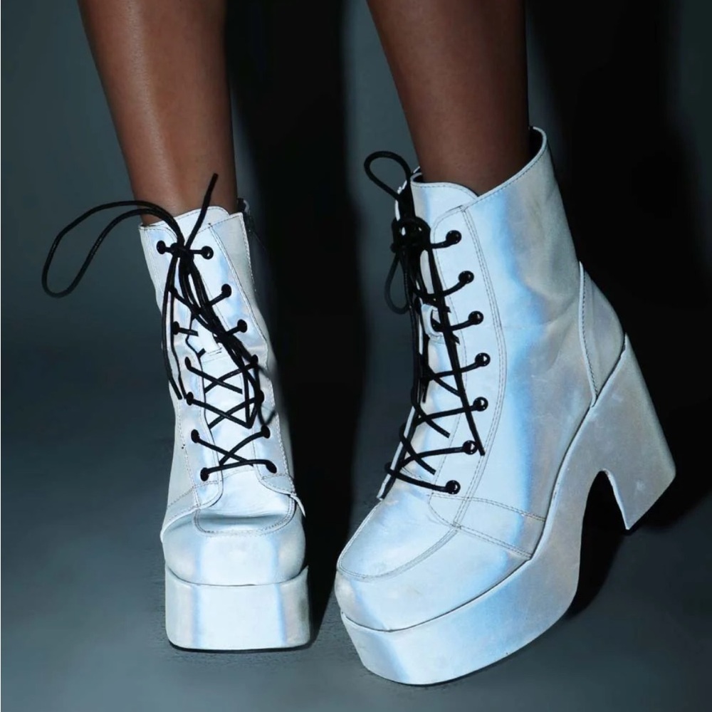 iHeartRaves Thunderbolt Silver Reflective Lace Up Boots